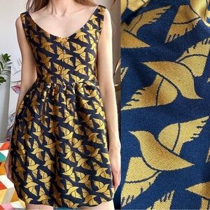💥SALE💥 Dove Print Navy Gold Mini Fit & Flare Scoop Neck Dress XS-S